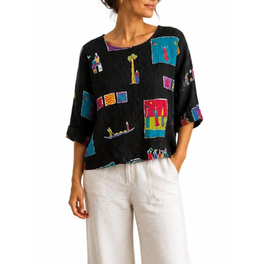Hot Cotton 100% Linen Top Size Small Black Art Print 3/4 Sleeve Boho